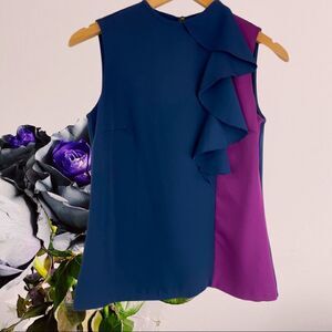 The Limited Sophie Theallet Navy and Plum Color Block Ruffle Sleeveless Blouse